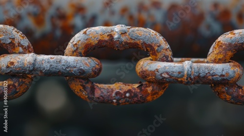 A closeup of a rusted chain link highlighting the contrast between the dark rusted areas and the lighter more exposed sections of metal © Justlight