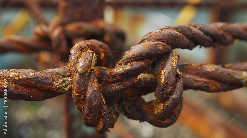 The rusted wires of the fence intertwining and bending adding a sense of movement to the still object The rusted wires of the fence intertwining and bending adding a sense of movement to the still object