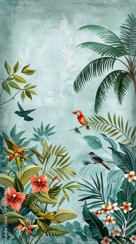 Illustration of tropical wallpaper print design with palm leaves, monstera leaves, birds and texture. Exotic plants and birds on textured background. AI generated illustration © Gulafshan