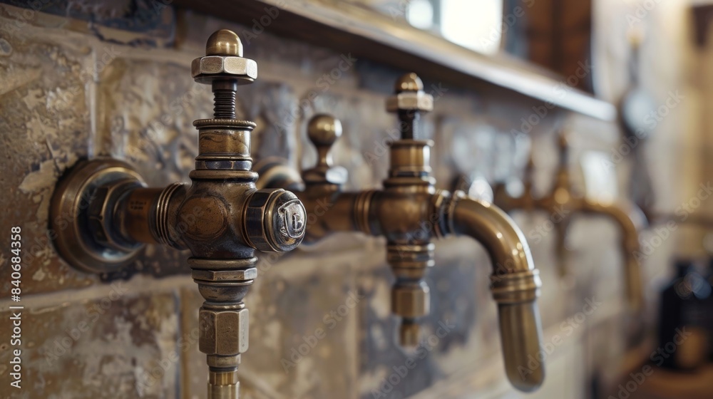 A polished brass valve with a weathered patina giving it a vintage and elegant feel A polished brass valve with a weathered patina giving it a vintage and elegant feel