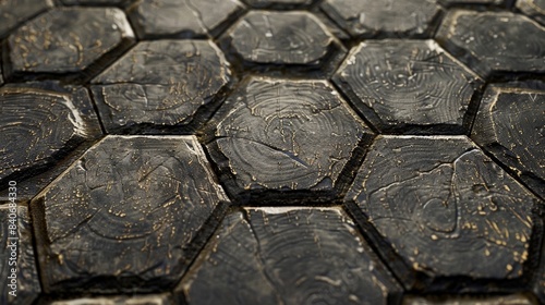 A textured closeup of a patterned industrial flooring made from large hexagonal tiles the surface etched with swirling lines and tered with tiny divots and indentations