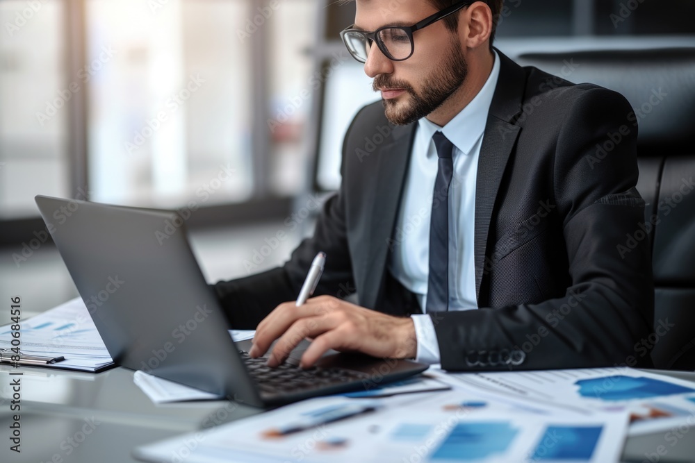 Businessman using laptop in office setting Businessman using laptop in office setting