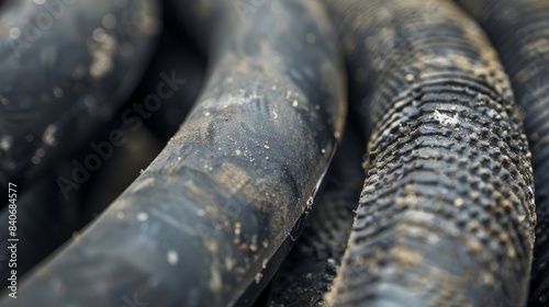 The texture of this aged rubber hose is smooth with a slight tackiness betraying its resistance to oils and other fluids photo