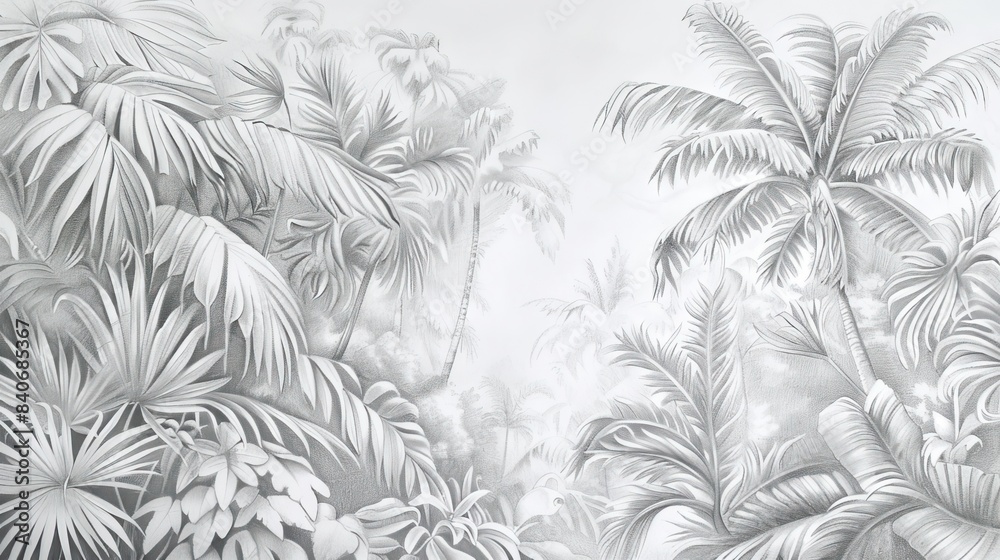 Seamless Border Hand Drawn Black and White Lithography Illustration Retro Style Design. Tropical wallapaper. AI generated illustration Seamless Border Hand Drawn Black and White Lithography Illustration Retro Style Design. Tropical wallapaper. AI generated illustration