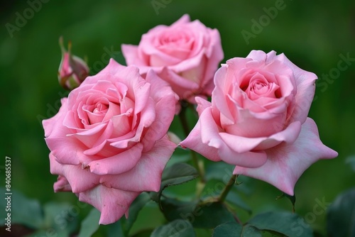 A beautiful arrangement of pink roses sitting on a lush green grassy field