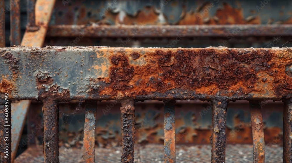 A heavily rusted metal railing showcasing a mixture of deep reddishbrown tones and rough jagged edges where the rust has eaten away at the metal A heavily rusted metal railing showcasing a mixture of deep reddishbrown tones and rough jagged edges where the rust has eaten away at the metal