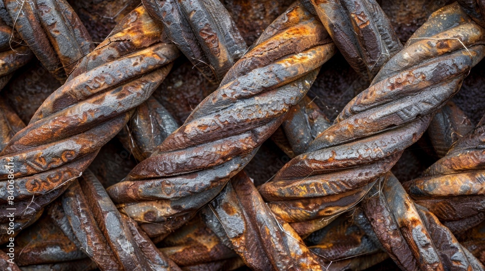 An intricate pattern of overlapping steel cables each one showing distinct signs of aging and use An intricate pattern of overlapping steel cables each one showing distinct signs of aging and use