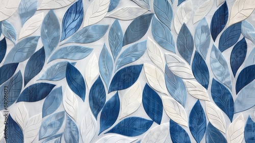 A textured closeup of an insulation mat with a repeating pattern of stylized leaves in shades of blue and white giving it a natureinspired look photo