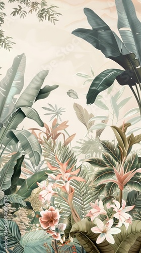 Illustration of tropical wallpaper print design with palm banana leaves and birds on canvas texture. Tropical plants and birds on textured background. AI generated illustration