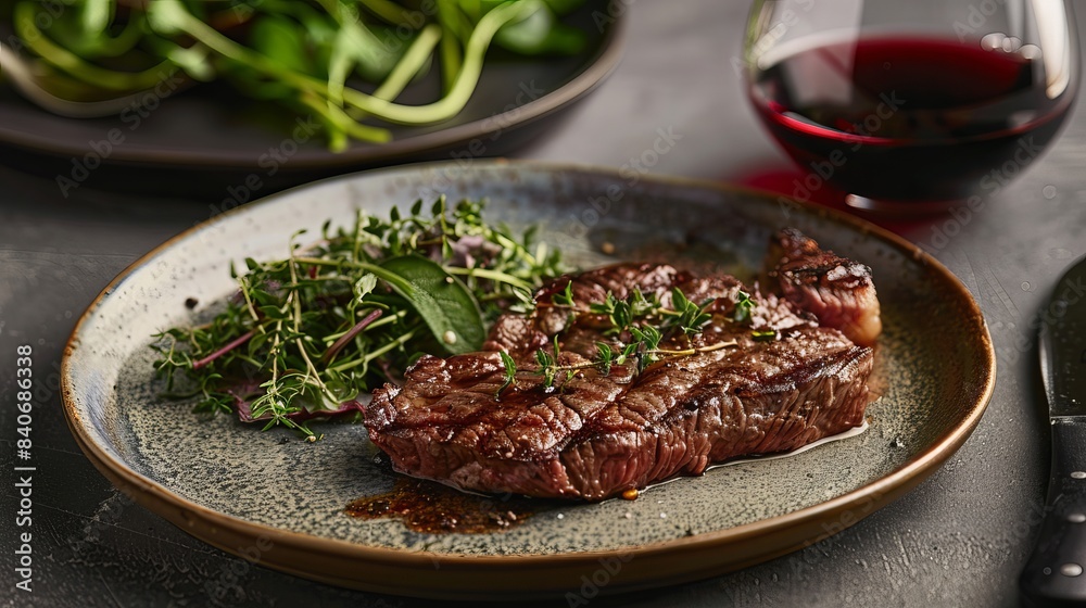 Sizzling wagyu steak with herbs on a plate, paired with a glass of red wine