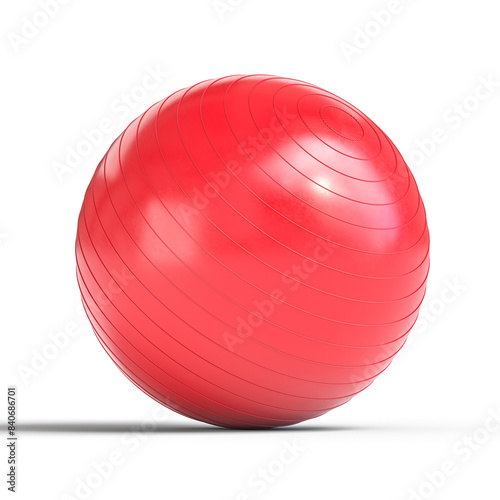 Red fitness ball balancing on white background