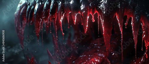 Blooddripping fangs, horror fantasy, high detail, dark colors, sinister mood, dramatic lighting effects 8K , high-resolution, ultra HD,up32K HD photo