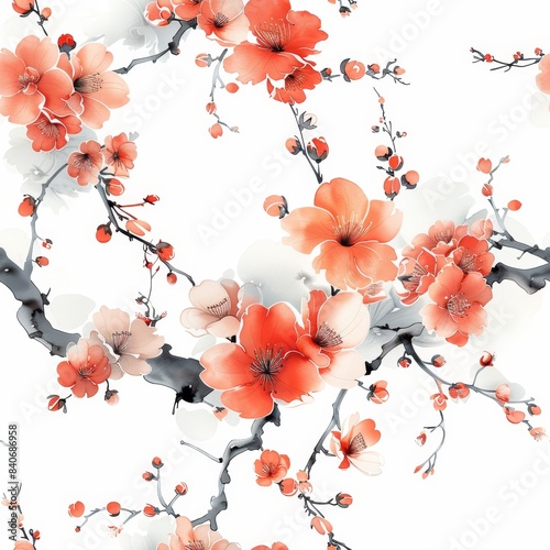 Delicate Watercolor Painting of Pink Cherry Blossoms Blooming on Branches