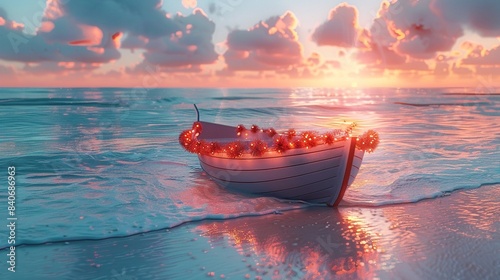 Holidaythemed beach with decorated boat, whimsical, detailed, pastel colors, morning light, gentle waves 8K , high-resolution, ultra HD,up32K HD photo