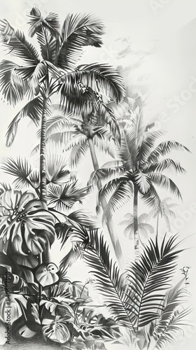 Seamless Border Hand Drawn Black and White Lithography Illustration Retro Style Design. Tropical wallapaper. AI generated illustration