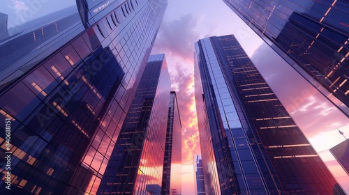 Twilight sky with modern skyscrapers, reflective glass facades in city center, urban architectural beauty, photo realistic, isolated on white background, plenty of copy space