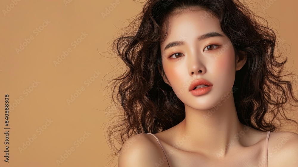 Young Asian beauty woman sexy model wearing V neck tank top, curly long hair, Korean makeup style on her face and perfect skin, isolated beige background, photo realistic, ample copy space Young Asian beauty woman sexy model wearing V neck tank top, curly long hair, Korean makeup style on her face and perfect skin, isolated beige background, photo realistic, ample copy space