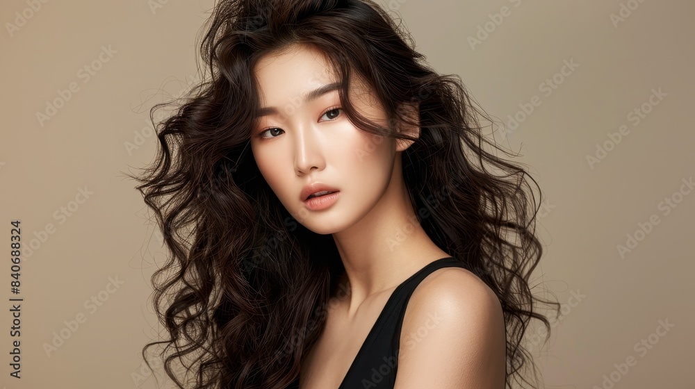 Young Asian beauty woman sexy model wearing V neck tank top, curly long hair, Korean makeup style on her face and perfect skin, isolated beige background, photo realistic, ample copy space Young Asian beauty woman sexy model wearing V neck tank top, curly long hair, Korean makeup style on her face and perfect skin, isolated beige background, photo realistic, ample copy space