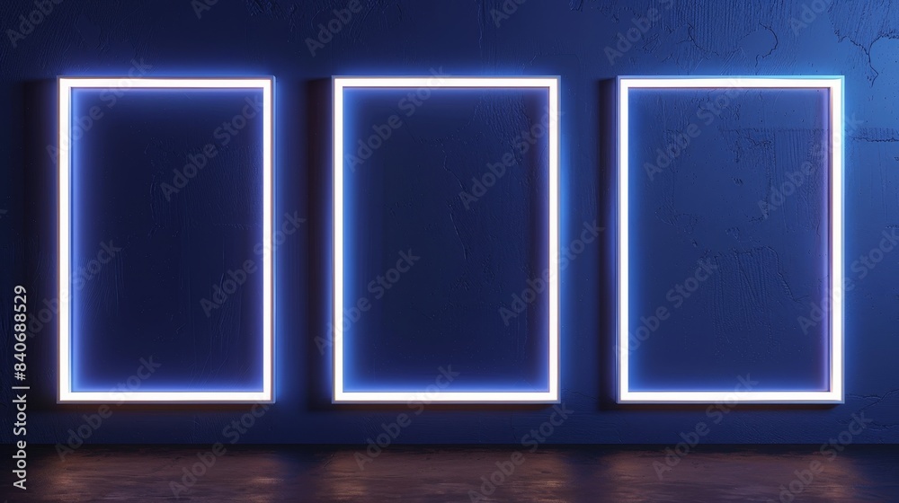 Three white neon glowing blank picture frames on dark navy background for showcase, exhibition, or display of goods, event signs, mock-up of menu, night club, photo realistic, isolated, copy space Three white neon glowing blank picture frames on dark navy background for showcase, exhibition, or display of goods, event signs, mock-up of menu, night club, photo realistic, isolated, copy space