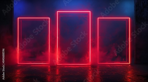 Trio of red neon frames glowing against a dark navy backdrop, perfect for displaying goods, event signs, film posters, and night club menus