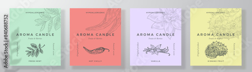 Aroma candle label design templates set. Scented air freshener product sticker mockup backgrounds collection Fruit spices scent decorative packaging layouts bundle