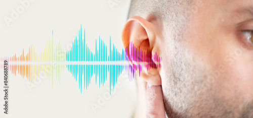 young man ear closeup listening, sound wave, acoustics Auditory System, Hearing Test, Cochlear implant, Assistive listening device