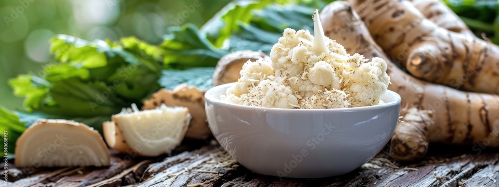 Fototapeta premium horseradish in a white bowl on a wooden table. Selective focus