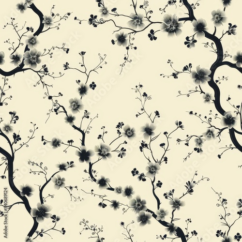 Intricate Black And White Floral Branch Pattern
