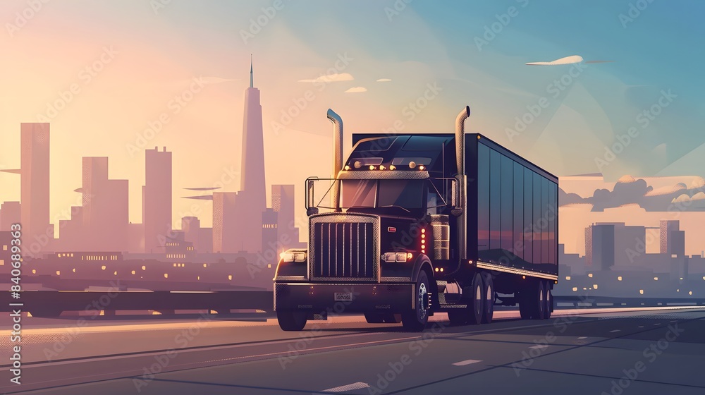 Black Truct driving a road with a city in the distance Black Truct driving a road with a city in the distance