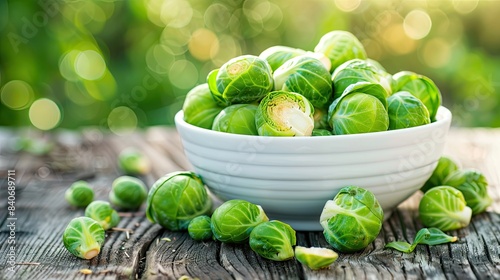 fresh brussels sprouts in a white bowl on a wooden table. Selective focus