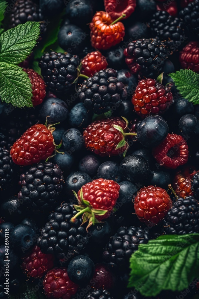 A pile of blackberries and raspberries with green leaves A pile of blackberries and raspberries with green leaves