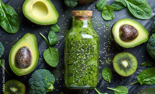 Green Smoothie Ingredients Arranged on Dark Surface: A Bottle of Green Smooth...