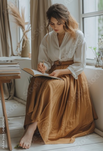 Woman Writing in Notebook by Window With Brown Skirt and White Shirt