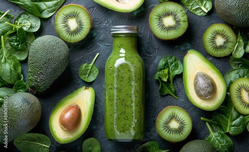 Green Smoothie Ingredients Arranged on Dark Surface: A Bottle of Green Smooth...