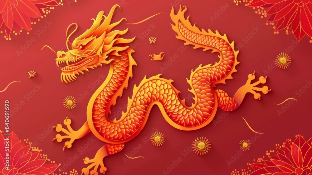 Obraz premium An ornate golden dragon set against a red background