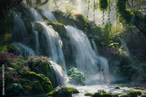 A serene scene of a waterfall tumbling over moss-covered rocks in a tropical jungle, with delicate flowers blooming along the water's edge and vines hanging from the trees.