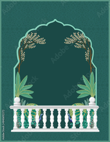 
Traditional Indian Wedding Invitation Card. Indian Mughal garden, peacock, lotus and arch frame illustration invitation.