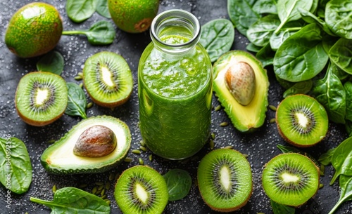 Green Smoothie Ingredients Arranged on Dark Surface: A Bottle of Green Smooth...