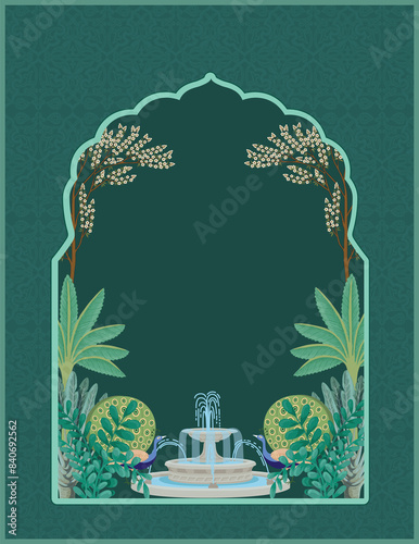 
Traditional Indian Wedding Invitation Card. Indian Mughal garden, peacock, lotus and arch frame illustration invitation. photo