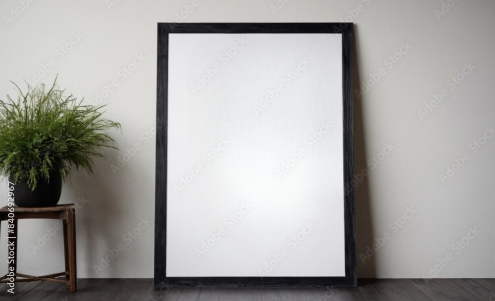 3D-rendered vertical wooden frame mockup showcasing a poster placed on a wooden floor against a white wall backdrop 3D-rendered vertical wooden frame mockup showcasing a poster placed on a wooden floor against a white wall backdrop