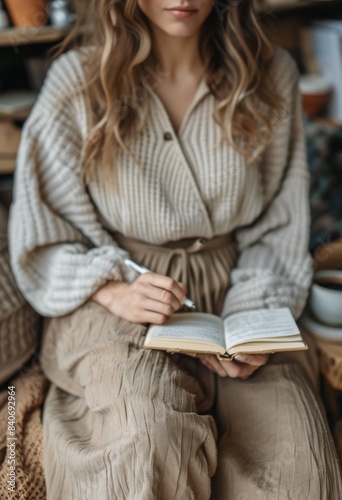 Woman Writing in a Book While Sitting in a Cozy Home Setting