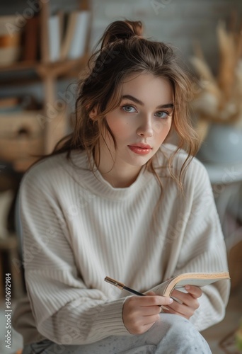 Woman Writing in a Book While Sitting in a Cozy Home Setting