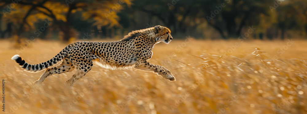 Obraz premium A passionate wildlife photographer captures the swift motion of a cheetah sprinting across the open plains of a safari. The sleek, spotted predator blends perfectly with the golden grasses,