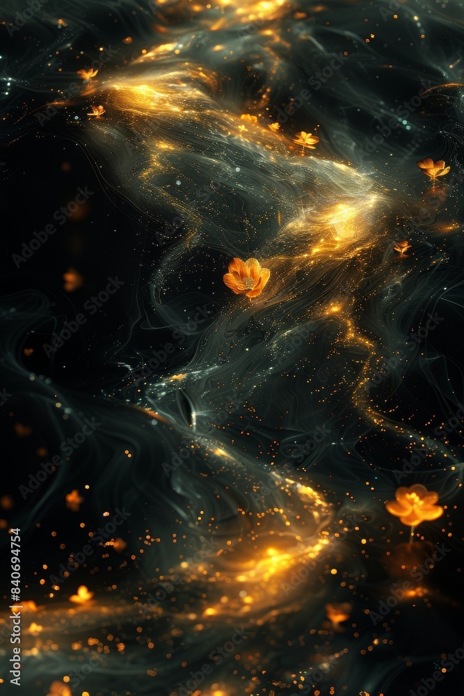 Abstract Swirls of Gold and Orange Flowers in a Dark Galaxy Abstract Swirls of Gold and Orange Flowers in a Dark Galaxy