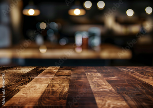 Table en bois vide pour présentation de produits, fond flou photo