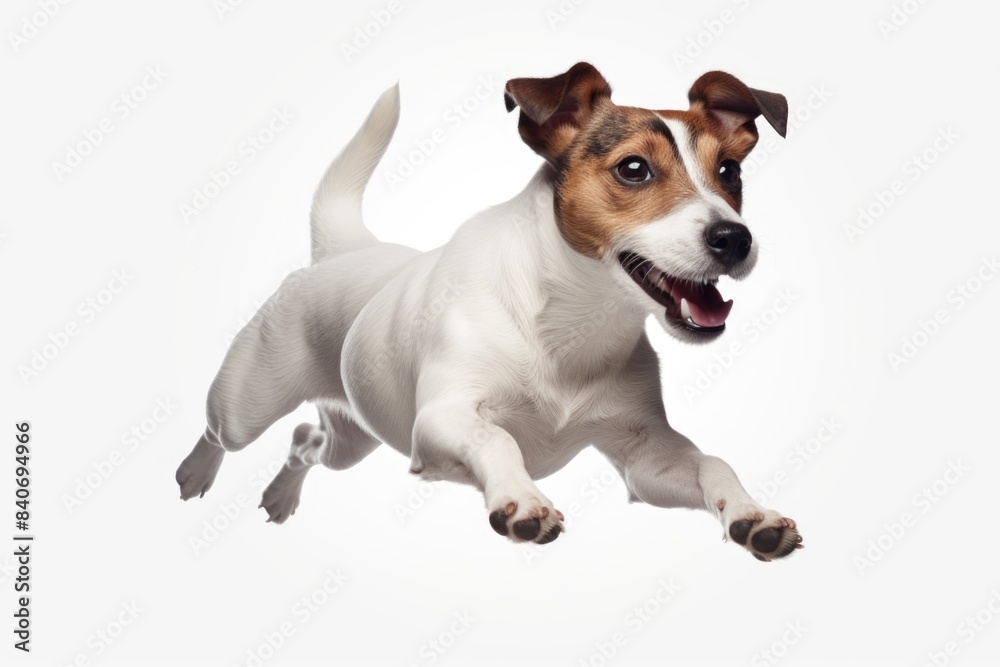 A playful dog leaps high into the air, its paws outstretched A playful dog leaps high into the air, its paws outstretched