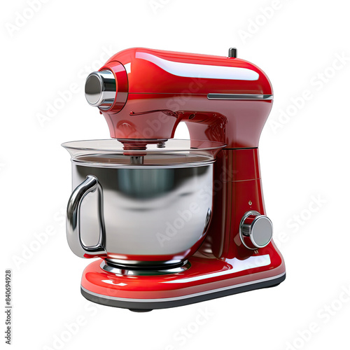 Red kitchen stand mixer with stainless steel bowl, perfect for baking and cooking. Iconic design and reliable performance for culinary enthusiasts, isolated on transparent background.
