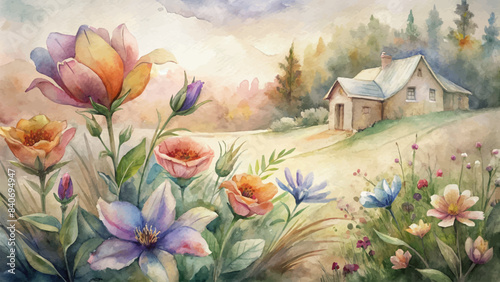 Wallpaper Mural Country house blooming flowers watercolor background Torontodigital.ca