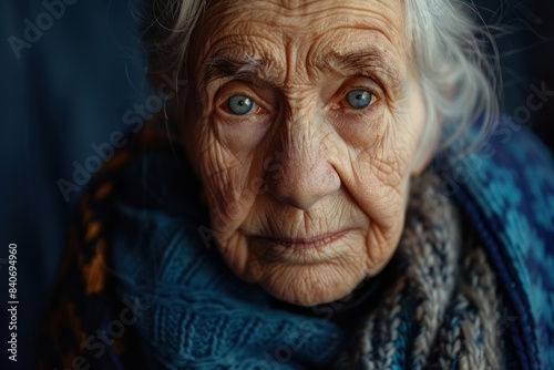 Close-up of a senior woman with a thoughtful gaze and wrinkled face