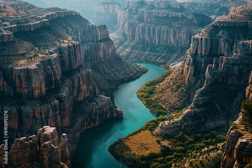 A winding river snaking through a deep canyon  its turquoise waters contrasting with the jagged  towering cliffs that rise dramatically on either side.